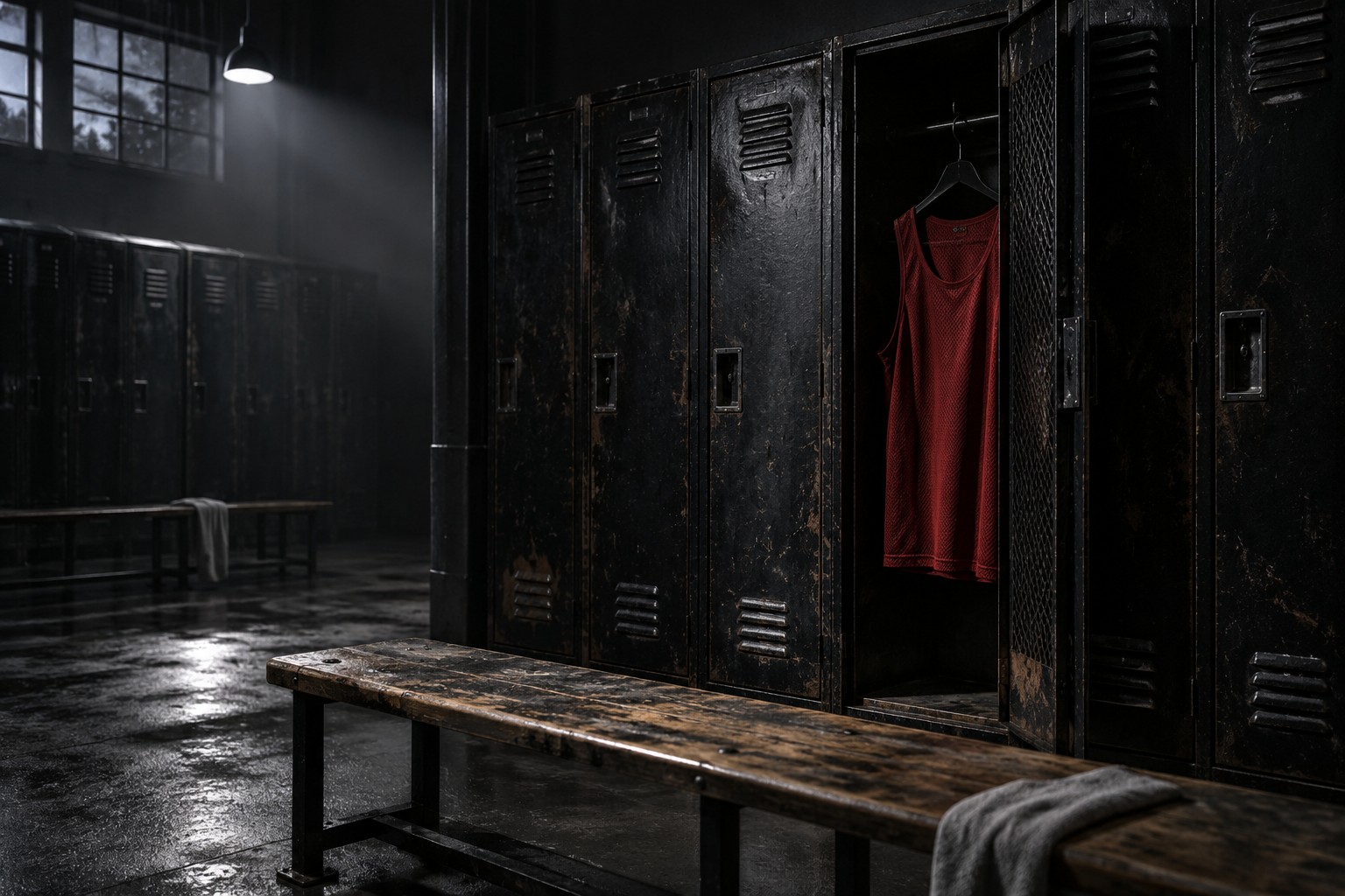 Red mesh jersey hanging in a dark, dramatically lit locker room